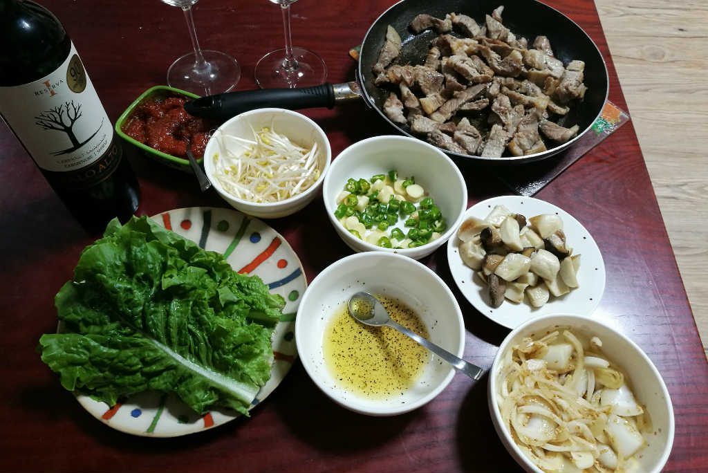 My attempt of a homemade Korean BBQ. I substituted Soju for wine. Not the best choice!
