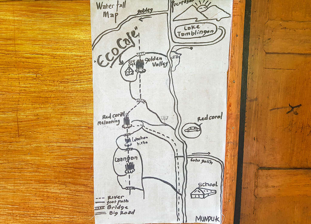 A map of Munduk Waterfall (Red Coral), Golden Valley Waterfall and Melanting Waterfall