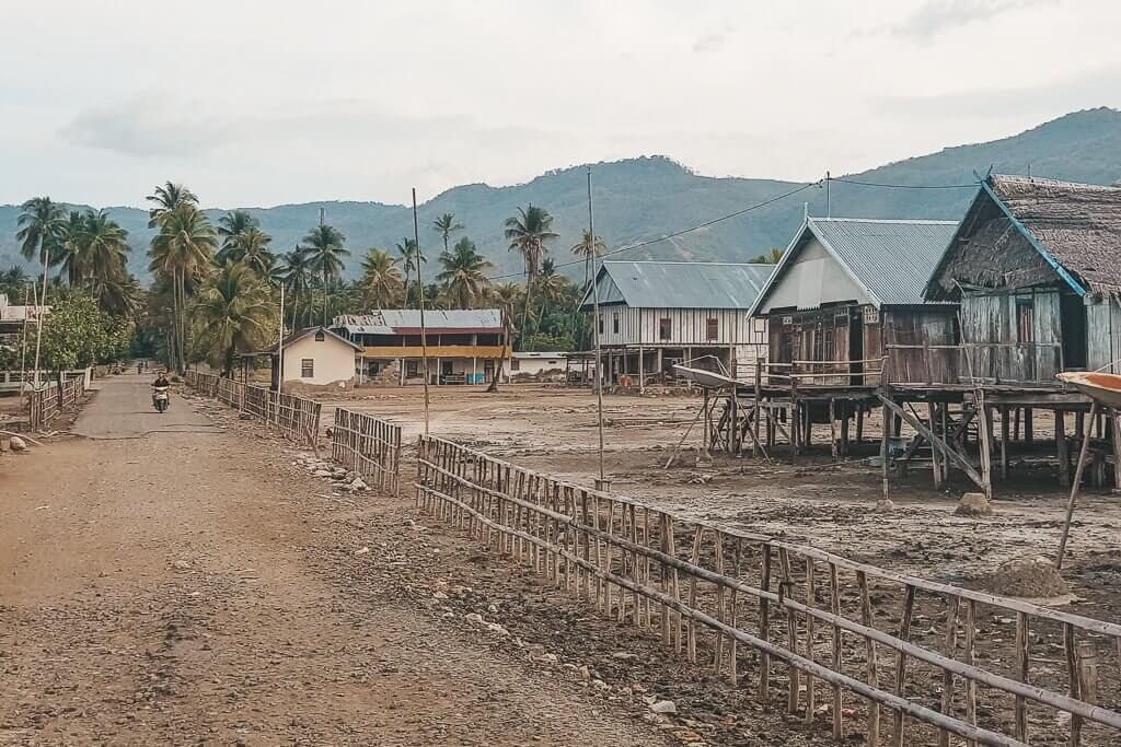 The main road in Riung is lined with palm trees and houses built on stilts