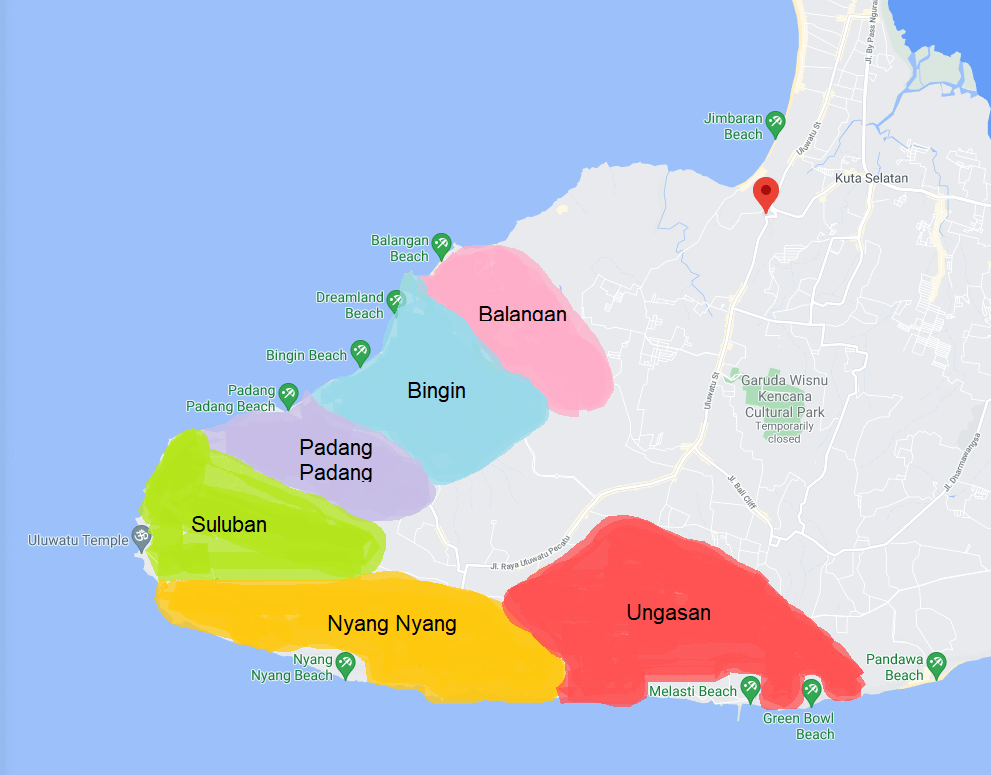 Map of the best places to stay in Uluwatu