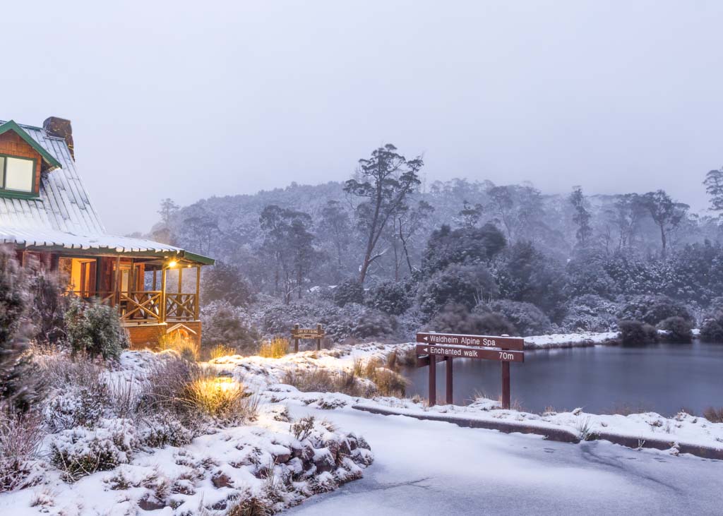 Cradle Mountain when it's snowing in winter