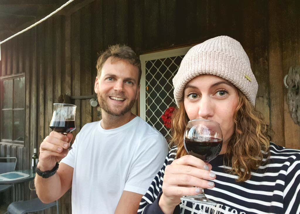 Drinking wine at our cabin