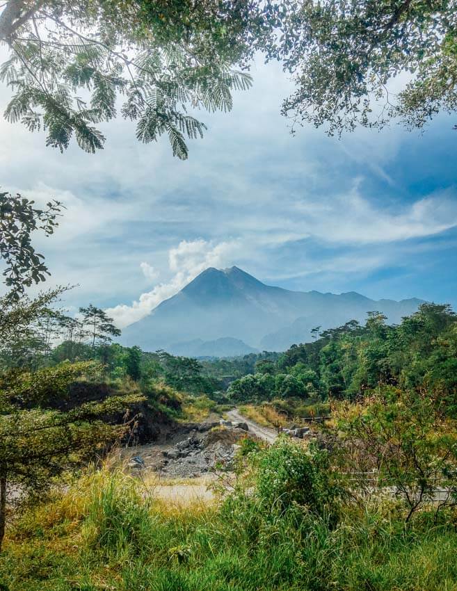 View of Mount Merapi from an open field