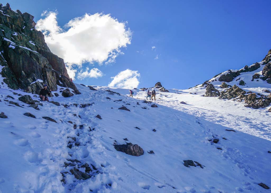 A section on the Pico Austria trek that leads through a snowy trail