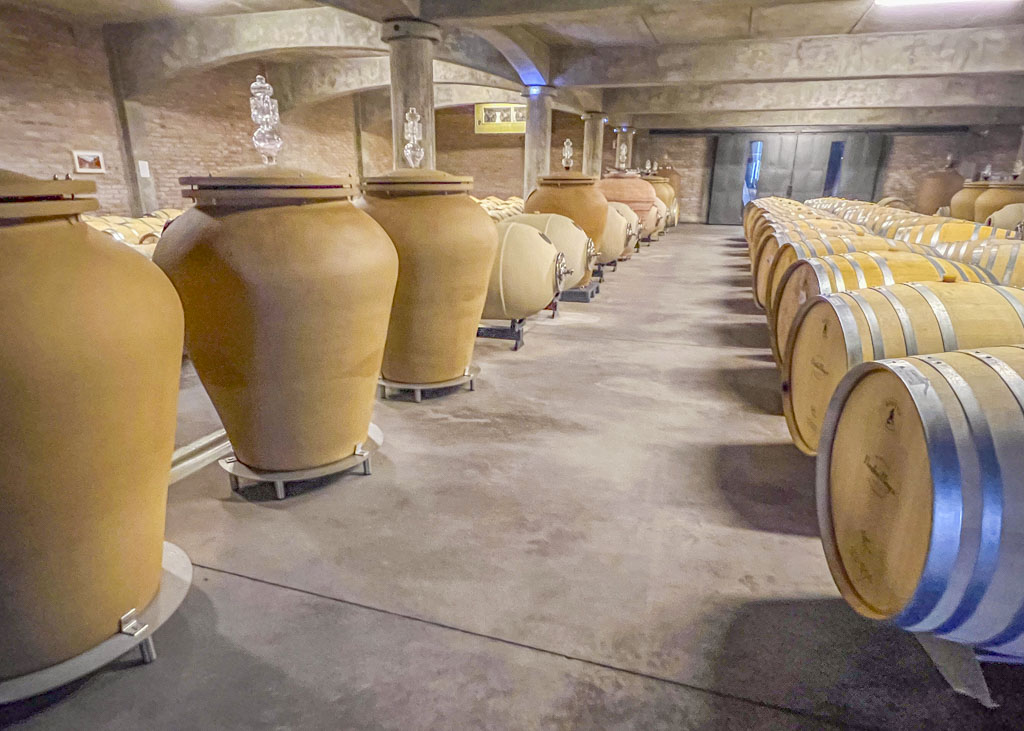 A wine cellar with wine barrels in Mendoza, Argentina